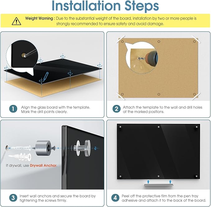 MaxGear Glass Whiteboard Wall Mounted, Frameless Magnetic Dry Erase Board, Tempered Glass, Steel-Backed, Non-Porous Smooth Surface, Floating Design, Accessories Included, for Office Home Classroom