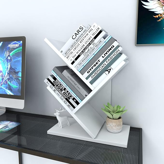 Godferyxin Tree Bookshelf, 3-Tier Wood Small Bookshelf and Mini Book Shelf for Office, Home or School Desk Book Shelf for for Displaying Books, CDs, Magazines Wood Storage Rack-Whit