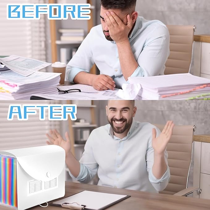 25 Pockets Plastic Expanding File Folders with Tabs, White Accordion File Organizer, Portable Expandable Filing Box, Desktop Folder for School Office Letter A4 Paper Document Receipt Storage