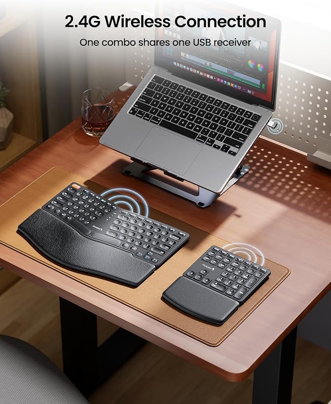 ProtoArc Wireless Ergonomic Keyboard, EK04 2.4GHz USB Wireless Ergo Keyboard with Separate Numeric Keypad, Split Design, Hard Wrist Rest, Rechargeable, for Windows PC/Laptop/Desktop