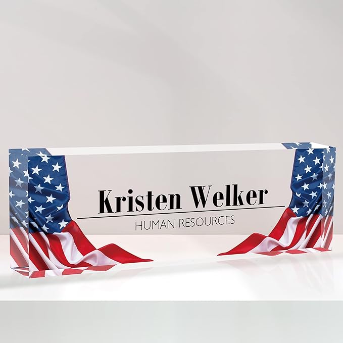 Flpoxzd Desk Name Plate Personalized, Custom Name Plates for Desks, Premium American Flag Acrylic Desk Name Plate, Office Desk Decor for Women or Men Coworkers, Boss, Employee, Teacher (Flag2)