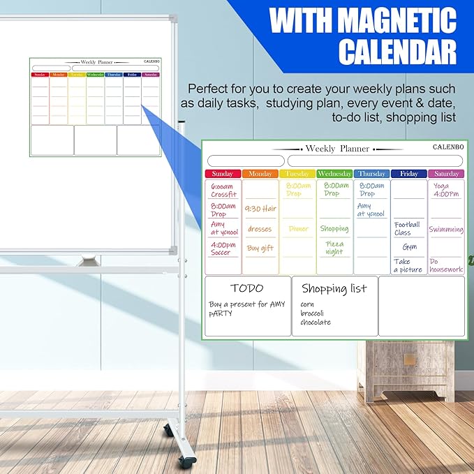 Double-Sided Magnetic White Board 96"x48" Dry Erase Whiteboard, Large Rolling White Boards on Wheels, 8' x 4' Whiteboard with Stand for Office, School, Home. Including Eraser, Marker, Magnet