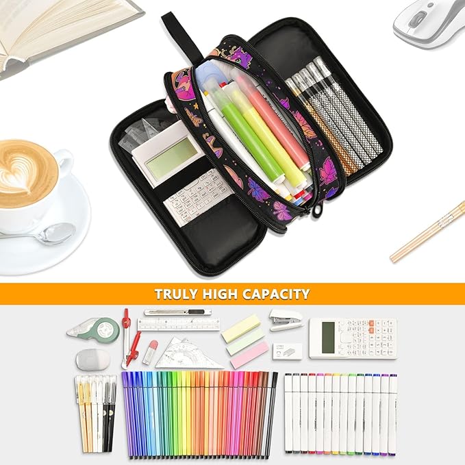 Purple Psychedelic Fox Cat Pencil Case Box Boys Girls Large Pencil Pouch with Zipper Compartments Big Capacity Stationery Pen Bag Organizer for Kids Teens Adults School