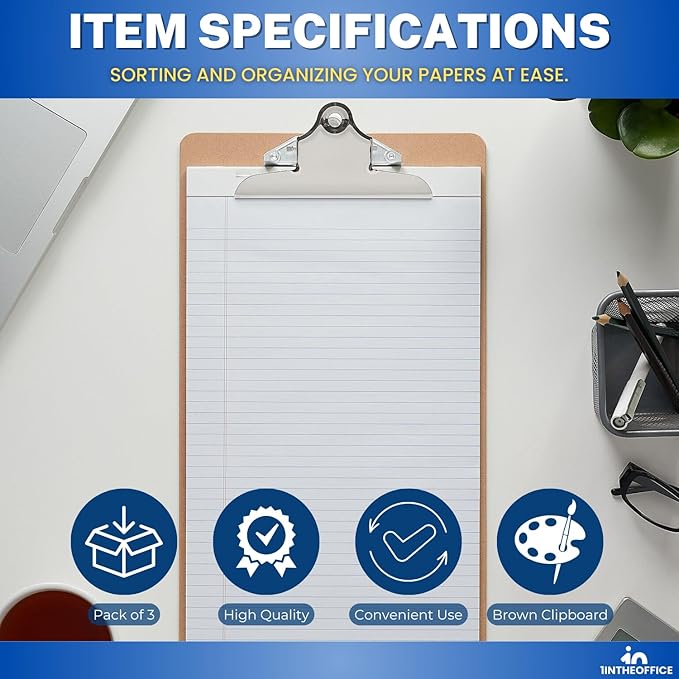 1InTheOffice Legal Size Clipboard, Heavy Duty Clipboard, Hardbound, Brown, 9x15.5 (3 Pack)