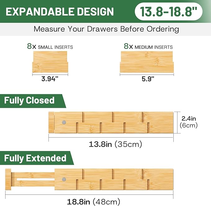 Kitchen Drawer Dividers - Adjustable Drawer Organizer for Clothes, Kitchen, Closet & Office - 8 Pack with Inserts, 13.8-18.8 Inches, Non-Slip Silicone Ends