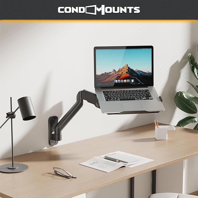 CondoMounts LTP8017 Laptop Wall Mount | Spring-Assisted Arm for 17"–32" Screens, Free-Tilting VESA Laptop Holder, Space-Saving Design, Heavy-Duty Build, Matte Black Finish, Easy DIY Installation