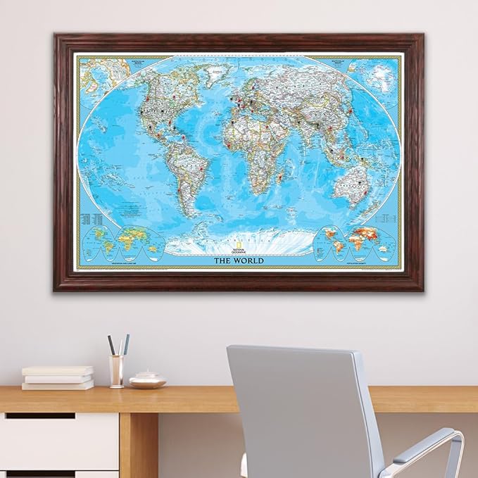 Push Pin Travels - Classic World, Solid Wood Cherry with 150 Pins for Tracking Your Travels - 27.5" x 39.5" - 8 Handcrafted Options - Made in USA - Ideal for Any Traveler