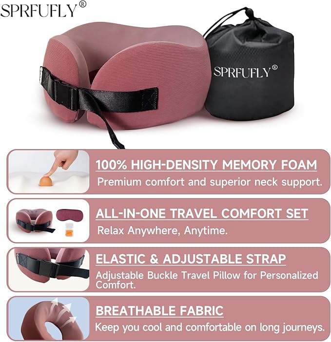 SPRFUFLY Super Comfy Travel Pillow - 100% Memory Foam Neck Pillow for Sleeping, Airplane Pillow with Sleep Mask & Earplugs, Travel Essentials Neck Pillow for Airplane, Car, Office & Home