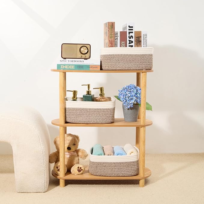 Small Storage Baskets for Organizing | Closet Organizer Bins | Shelf Toy Basket | Woven Rope Baskets | Cube Decorative Box | Shallow Basket | 13x8.5x5.1” | 4 Packs White Brown