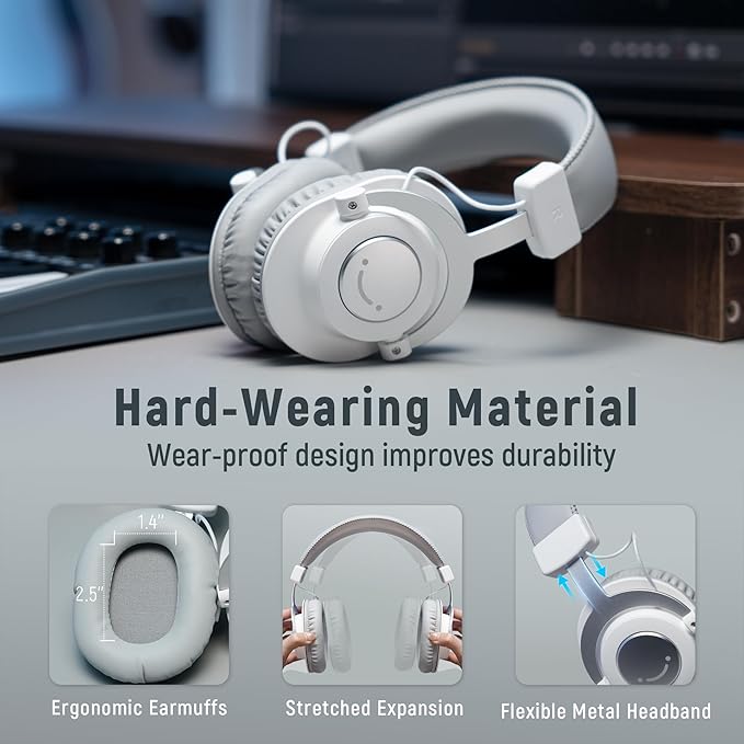 FIFINE Studio Monitor Headphones, Wired Over-Ear Computer Headphones with 3.5mm to 6.35mm Jack for Mixer/Amplifier/PC, Closed-Back Headset with Flexible Headband for Music Vocal Recording-H8 White