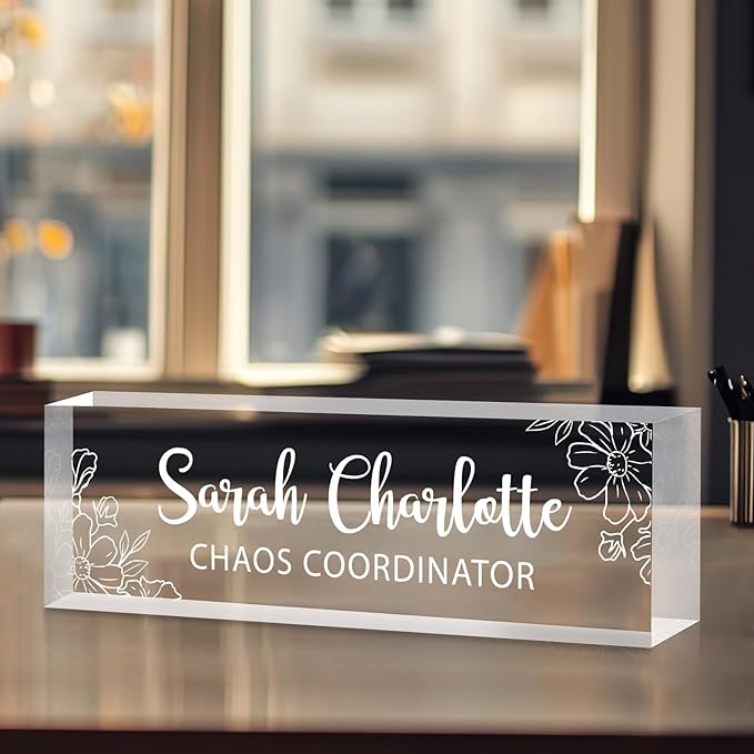 Custom Name Plate for Desk, Personalized Desk Name Plate on Clear Acrylic Glass, Appreciation Gifts for Teacher Employee Boss Coworkers Nurse, Office Desk Accessories for Women Men (Engraved Bloom)