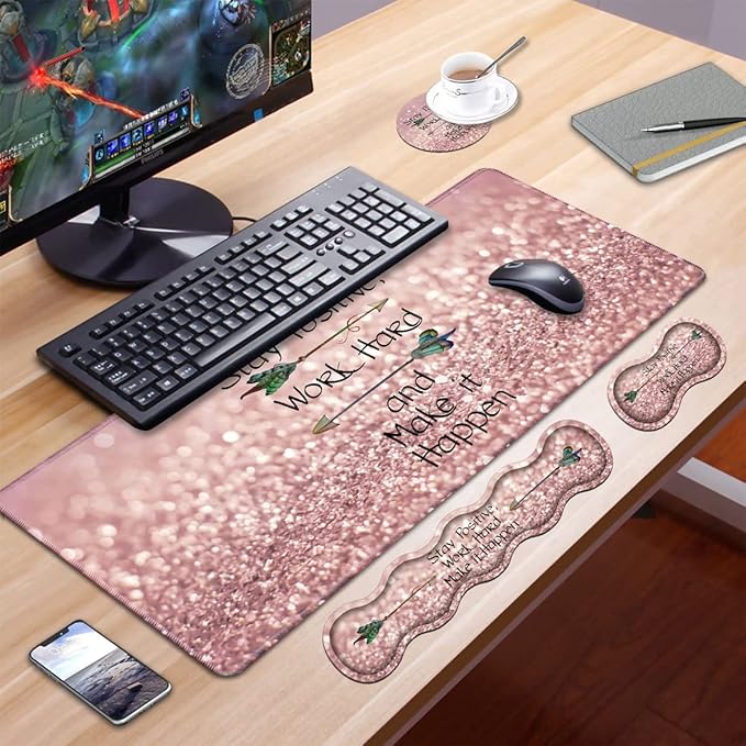 Ergonomic Keyboard Wrist Rest & Mouse Pad Wrist Rest Set, Inspirational Quote Stay Positive Work Hard and Make It Happen Pattern Large XXL Gaming Desk Mat, Memory Foam, Easy Typing Pain Relief