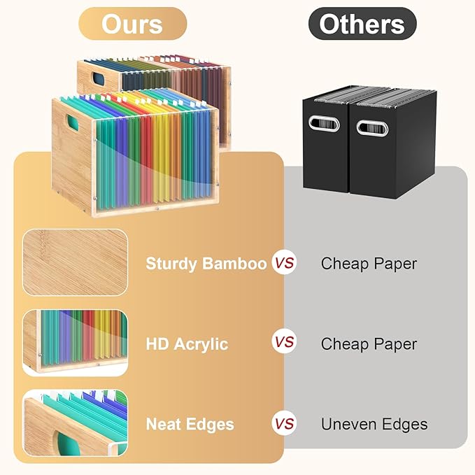 2 Pack Hanging File Organizer, Clear Acrylic File Box Organizer, Bamboo Filing Box File Crate Storage Boxes, Portable Filing Organizer with Handle for Letter Size