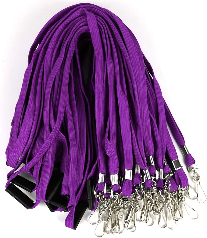 Safety Breakaway Lanyard with J-Hook Flat Lanyards for ID Badges - Bulk Pack of 50 (Purple)
