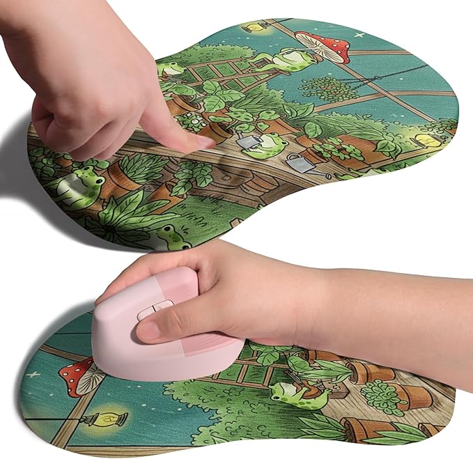 Ergonomic Joint Wrist Support Mouse Pad with Memory Foam Cushion Massage Bump, Carpal Tunnel Pain Relief Mousepad Slope Design for Wrist Rest, 11.8x7.9 in, Cute Frog