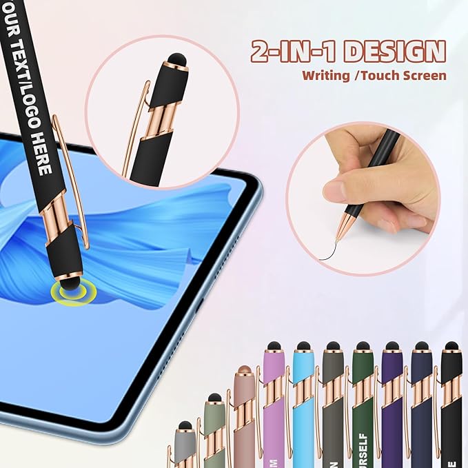 ENOMY 50 Pcs Bulk Personalized Custom Pens with Stylus Ballpoint Pens Customized with Text Logo Name Best Gift for College Business Promotion Wedding Birthday Christmas (Deep Green)