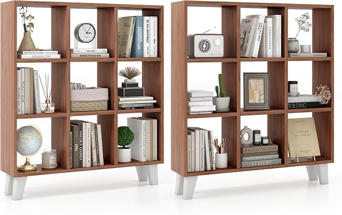 Giantex 9-Cube Open Bookcase of 2, 3-Tier Freestanding Bookshelf with 4 Slanted Legs & 6 Removable Shelves, Modern Cubby Storage Organizer, Wood Display Book Shelf for Living Room Bedroom Study, Brown