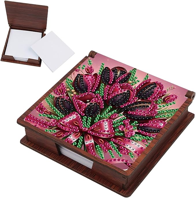 Wooden DIY Tulip Bouquet Diamond Art Notecard Box – DIY Gem Art Sticky Note Holder for Adults 160 Sheets Memo Pad Storage