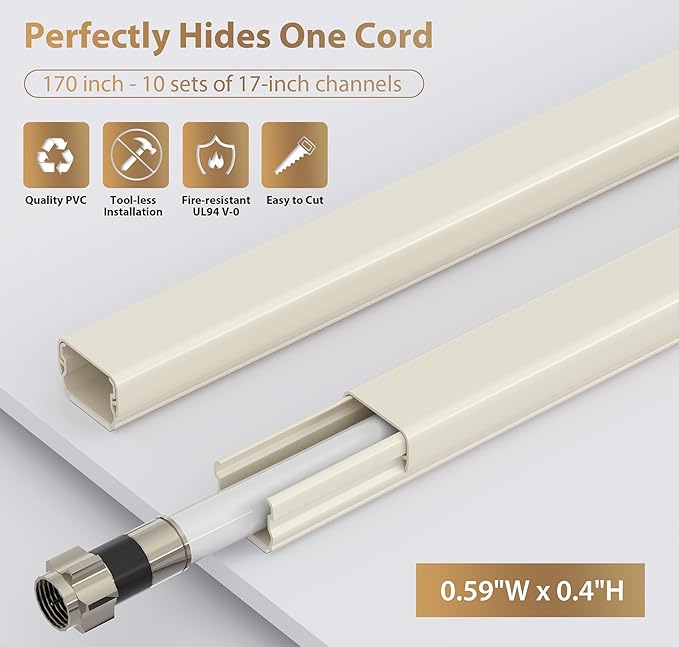 ZhiYo Mini Cord Hider - 170in PVC Self-Adhesive Cord Cover for TV, Extension Cord & USB Wires - Beige Wall Cable Hider for Wall Mounted TV - Seamless Connection