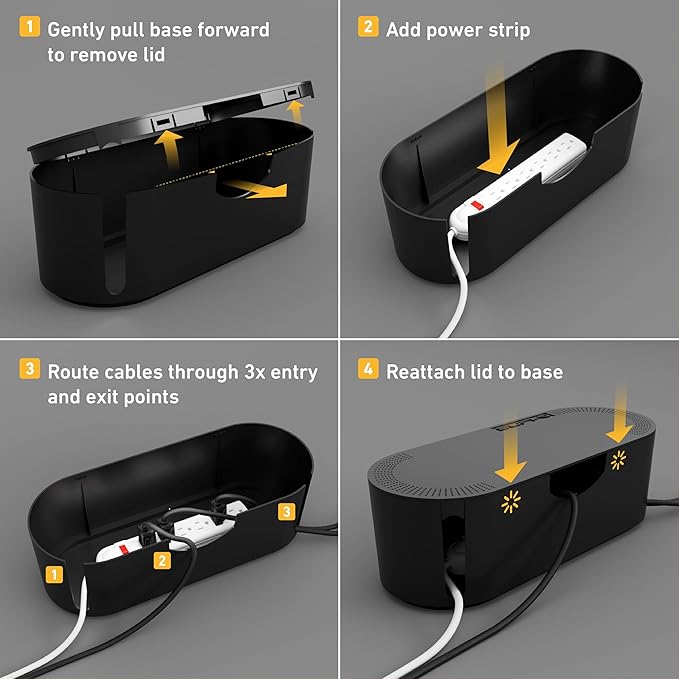 D-Line Cable Management Box, Power Strip Cover, Floor Outlet Hider, Desk Cord Organizer, Hide Extension Leads, 12.75" (L) x 5" (W) x 4.5" (H), for use with Power Strips up to 10.5in (L) - Small, Black