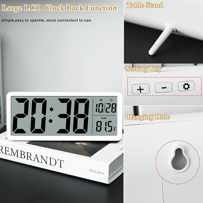 8.5" Modern Digital Wall Clock, Battery Operated, White, Simple LCD Display with Temperature/Date/Time - 12/24H, Small Digital Clock for Bedroom, Living Room Decor
