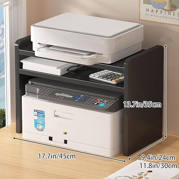 Desktop Storage Rack, Wooden Printer Stand with Compact Under Desk Shelf for Home Office Organization(Black,17.7 * 9.4 * 13.7in)