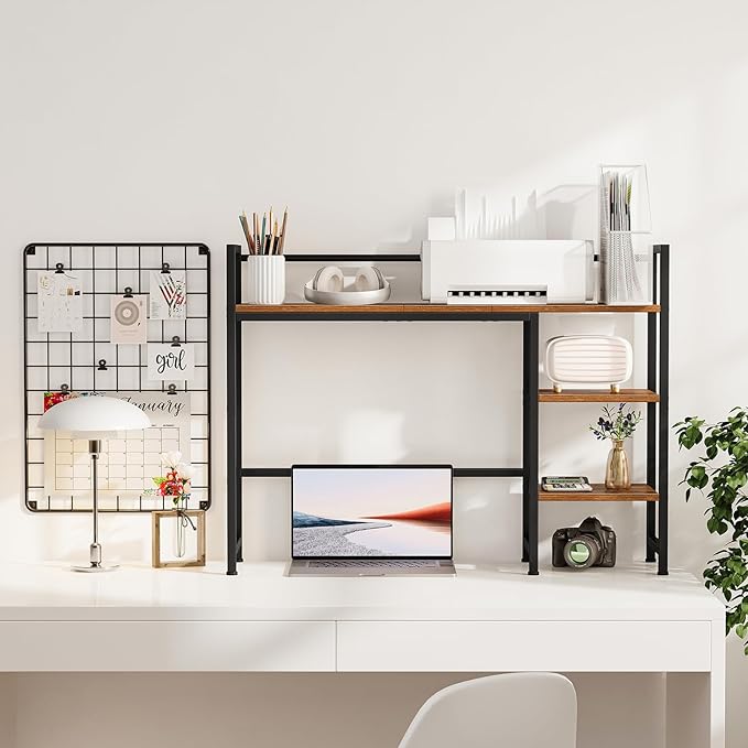 Snughome Desk Shelf, 38.6" Desktop Organizer Shelf, Desk Hutch for Computer Monitor, 4 Tier Desk Display Rack, Wood Desktop Bookshelf Storage Rack for Home Office Dorm, Rustic Brown