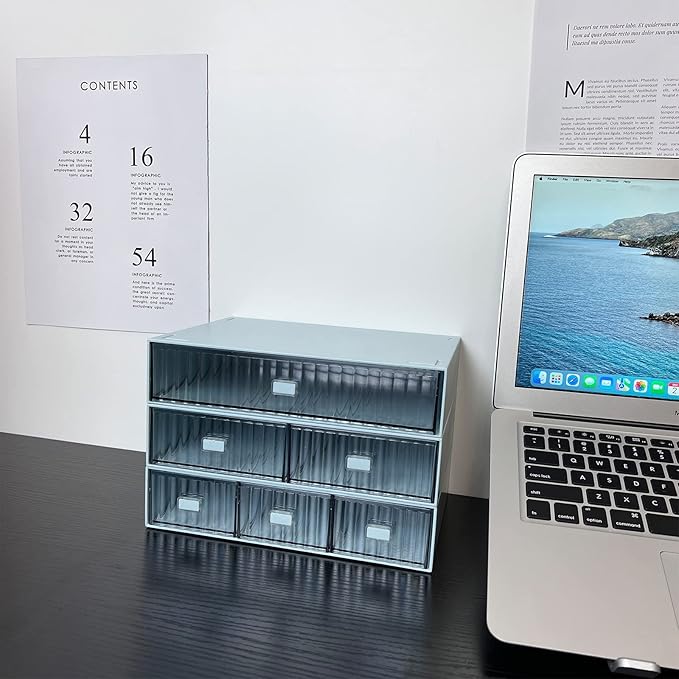 Desk Drawer Organizer, Stackable Plastic Storage Drawer, Grocery Organizer For Stationery/Office Supplies (Blue, 3 Compartment)