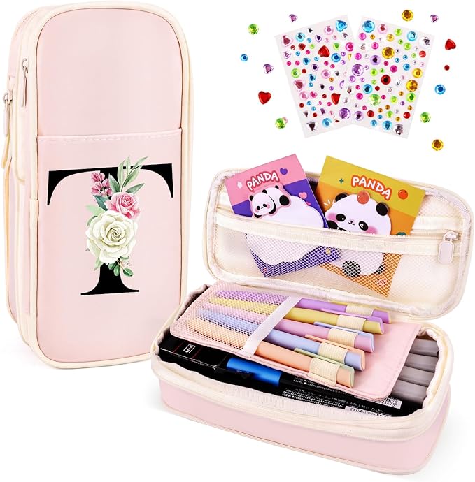Preppy Pencil Case for Girls, Cute Large Pencil Pouch, Personalized Initial Pencil Bag with Zipper for School College Office Supplies, Back to School Supplies Gifts for Teen Girls (T, Pink)