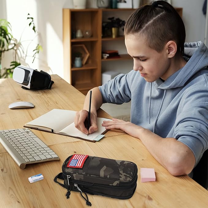 Pencil Case Big Capacity High Large Storage Tactical Small Tool Pouch Bag Marker Pen Case Stationery Bag Travel Holder School College Office Organizer for Kids Men Women Adult Teens (Camo-Black)