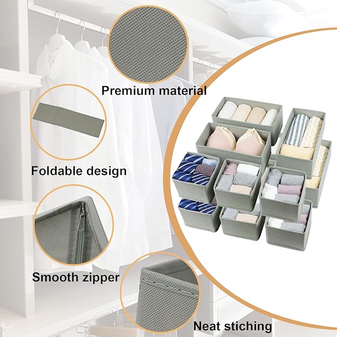 Drawer Organizer Clothes, Foldable Fabric Dresser Organizer Closet Organizers and Storage Box for Underwear,Folded Clothes,Baby Clothing,Socks,Bra,Towels,Ties(6M+6S,Gray)