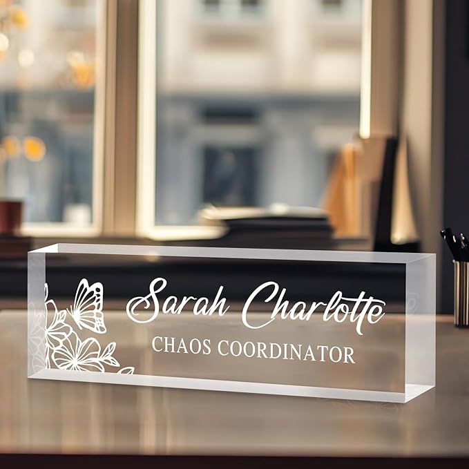Custom Name Plate for Desk, Personalized Desk Name Plate on Clear Acrylic Glass, Appreciation Gifts for Teacher Employee Boss Coworkers Nurse, Office Desk Accessories for Women Men (Engraved Garden)