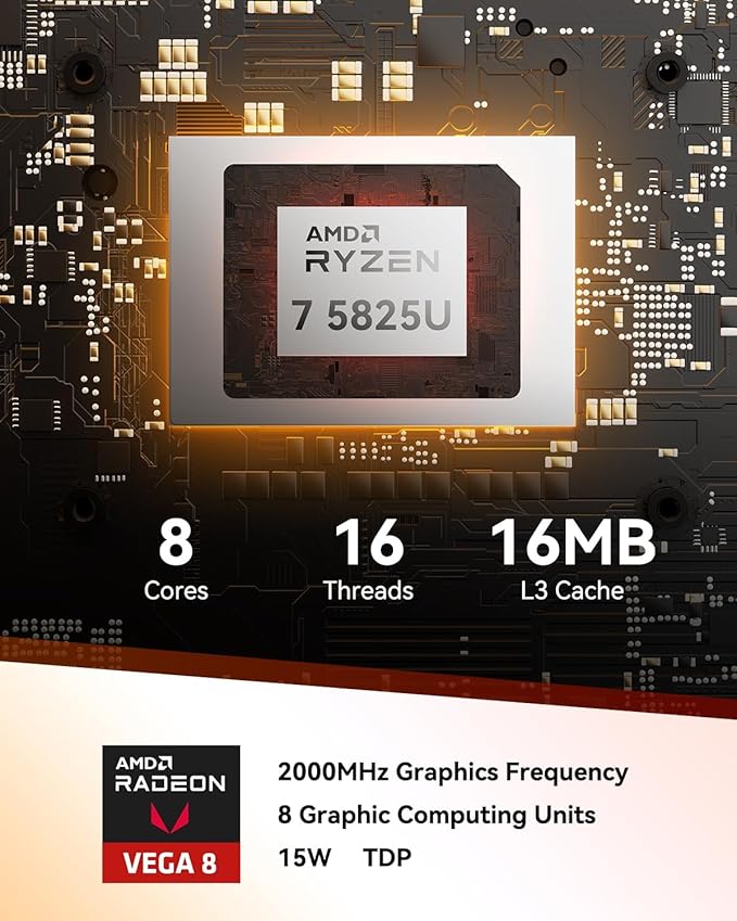 GEEKOM A5 Mini PC, with AMD Ryzen 7 5825U(Turbo 4.5GHz), 16GB RAM(Not LPDDR) & 1TB M.2 PCIe NVMe SSD, Vega 8 Graphics, Windows 11 Desktop Computer Support 8K UHD/Wi-Fi 6/Bluetooth 5.2 for Office,Gamer