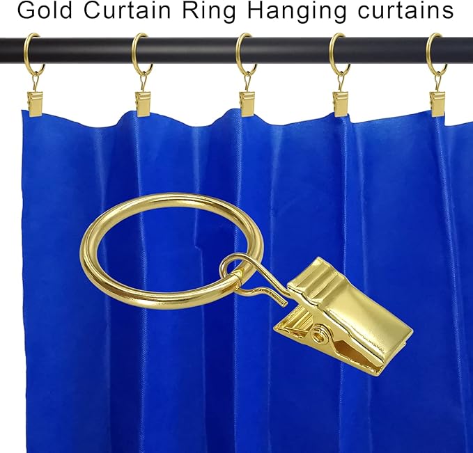 AMZSEVEN 44 Pack Metal Curtain Rings with Clips, Drapery Clips with Rings, Drapes Rings 1 inch Inner Diameter, Fits Diameter 5/8 inch Curtain Rods, Gold