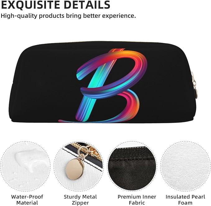 Cute Initial Pencil Case for Kids Simple Leather Pencil Pouch for Boys Girls Letter Design Pencil Box Pen Bag Pencil Pouch Office Stationery Organizer, Rainbow Letter B