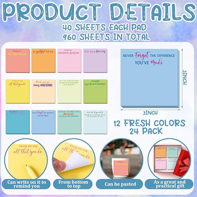 Yinder 24 Pcs Employee Appreciation Sticky Notes New Year Gift Bulk Motivation Sticky Note Pads Inspirational Gift for Teacher Nurse Staff Coworker Office Supply 3 x 3'' (Appreciation,Colorful)