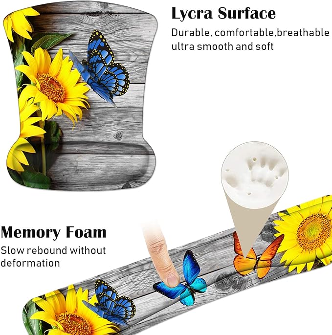 Keyboard Wrist Rest and Mouse Pad Wrist Support Set with Coasters, Non-Slip PU Base Ergonomic Gaming Mousepad for Home Office Working Studying Easy Typing & Pain Relief - Sunflower and Butterfly