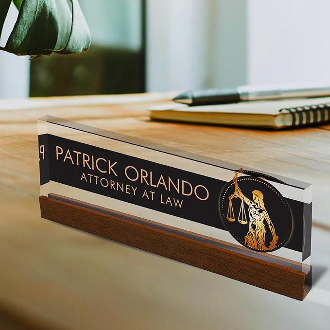 Artblox Personalized Office Desk Name Plate and Business Card Holder | Clear Acrylic Glass with Teak Wood Stand | Lawyer Design Customized with Your Name and Credentials Office Desk Decor