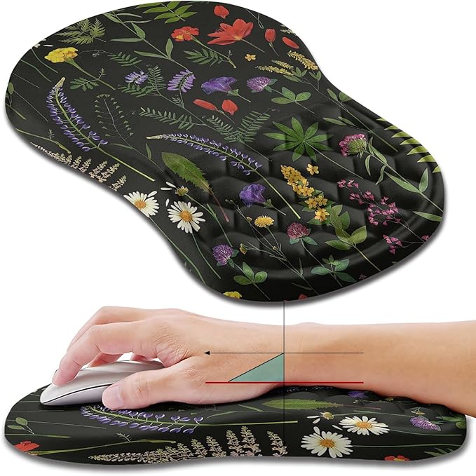 Hokafenle Ergonomic Mouse Pad Wrist Support, Wrist Rest Mousepad for Carpal Tunnel Pain Relief with Integrated Memory Foam Slope Massage Bulge (11.8x7.9 inch,Flowers