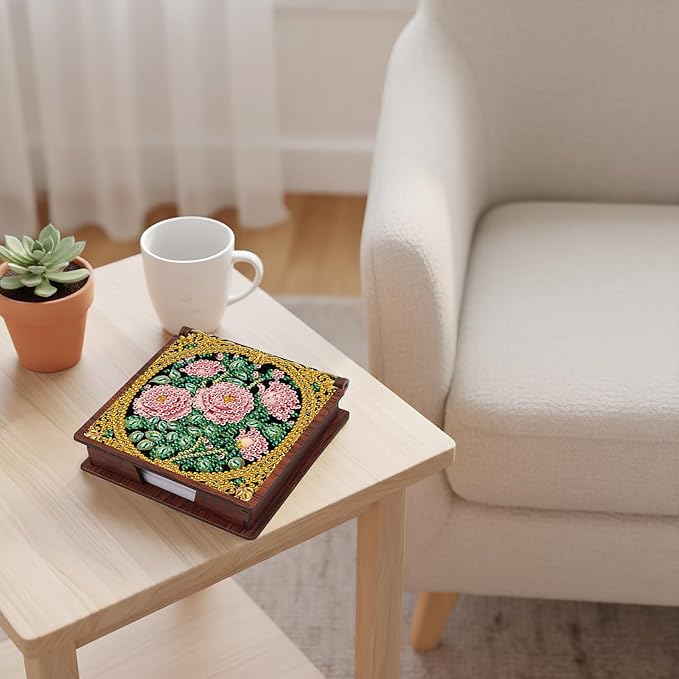 Wooden DIY Rose Diamond Art Notecard Box – DIY Gem Art Sticky Note Holder for Adults 160 Sheets Memo Pad Storage Desk