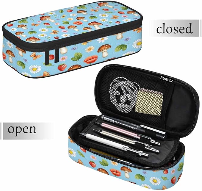 Mushrooms Pencil Case Organizer Butterfly Strawberry Summer Flowers Berries Stationery Box Makeup Colleague Office Supply for Adults Men Women