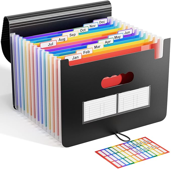 ABC life 12 Pockets Accordion File Organizer Expanding File Folders, Portable Letter A4 Size Filing Box, Plastic Monthly Bill Receipt Document Organizer, Expandable Accordian Folder with Colored Tabs