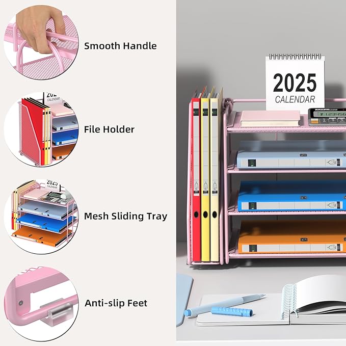 Spacrea Desk Organizers and Accessories, Paper Organizer for Desk with File organizer, Desk Accessories & Workspace Organizers for Office Supplies (Pink)