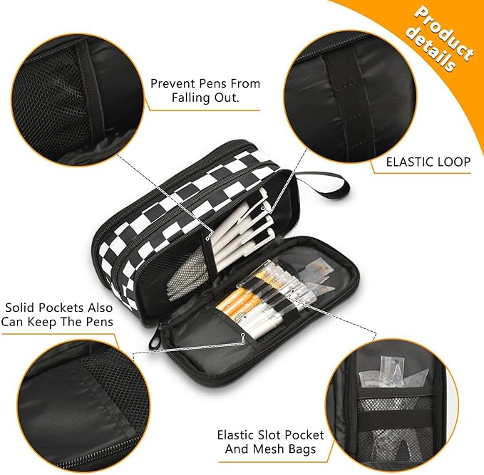 Black White Checkered Pencil Case Box Boys Girls Large Pencil Pouch Zipper Compartments Big Capacity Stationery Pen Bag Organizer for Kids Teens Adults School