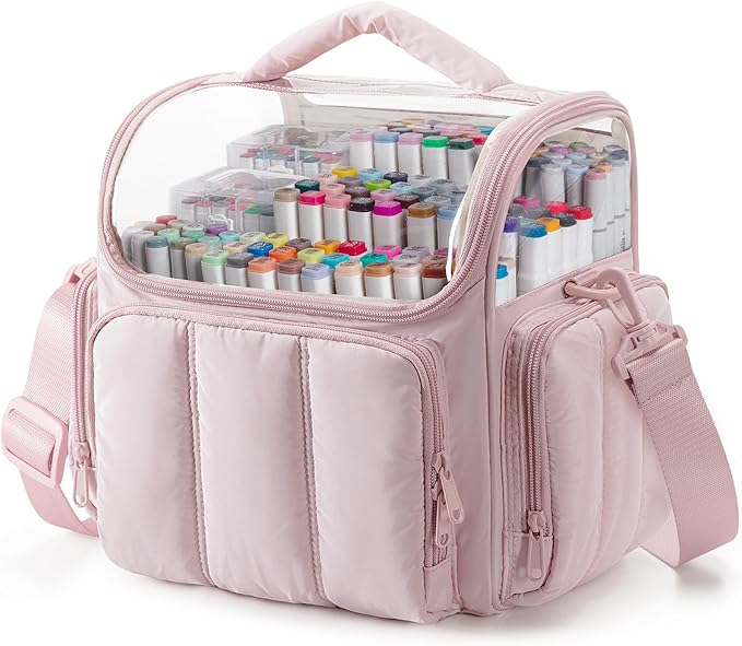 Puffy Marker Organizer Case for 210 Markers, Large Marker Storage Bag with Shoulder Strap for Adults, Artists, Teachers, Coloring Enthusiasts, Marker Holder Organizer, Pink (Patented Design)