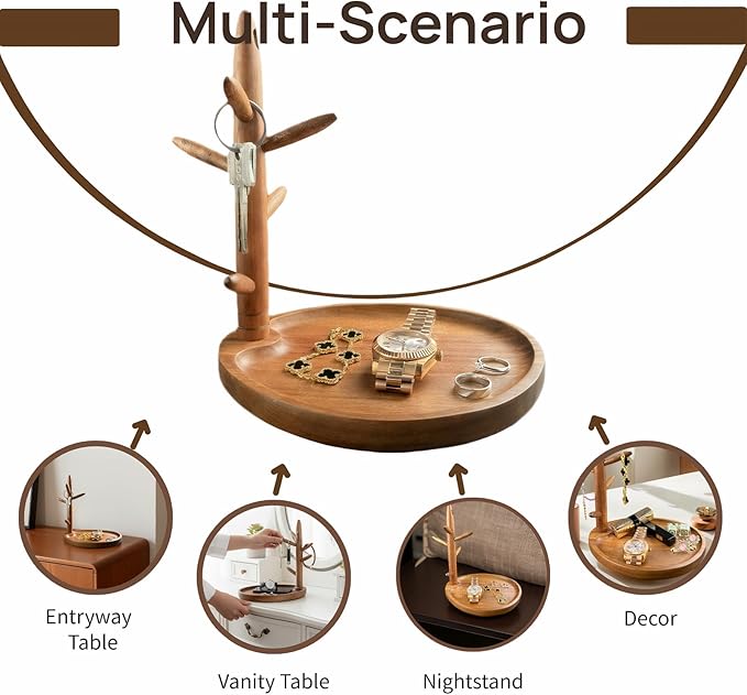 Solid Acacia Key Tray, Key Bowl for Entryway Table, Natural Catchall Tray with Key Holder Stand with 5 Hooks, Wooden Dish for Wallet, Watch, Jewelry Organizer