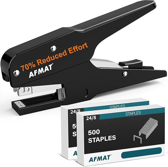 AFMAT Effortless Plier Stapler, Metal 35 Sheet Stapling Plier, 15000+ Stapling Times, with Staples & Reload Button, Handheld Stapler Heavy Duty, Space Save Size, Good for Office, Home, School, Black