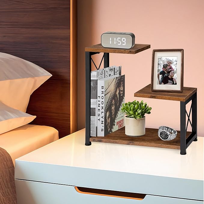 Desk Shelf Organizer, 3 Tier Storage Shelf Riser Display Stand, Wood Desktop Organizer Small Bookshelf, Desktop Shelf for Office Decor and Desk Accessories,Rustic Brown Black