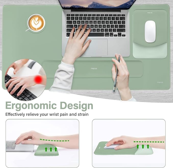 MOSISO Keyboard Mouse Pad Set, Large Gaming Mouse Pad&Rectangular Keyboard Wrist Rest&Mousepad with Wrist Rest&Coaster, Ergonomic Non-Slip&Easy Typing Pad with Curved Silicone Lining, Antique Green