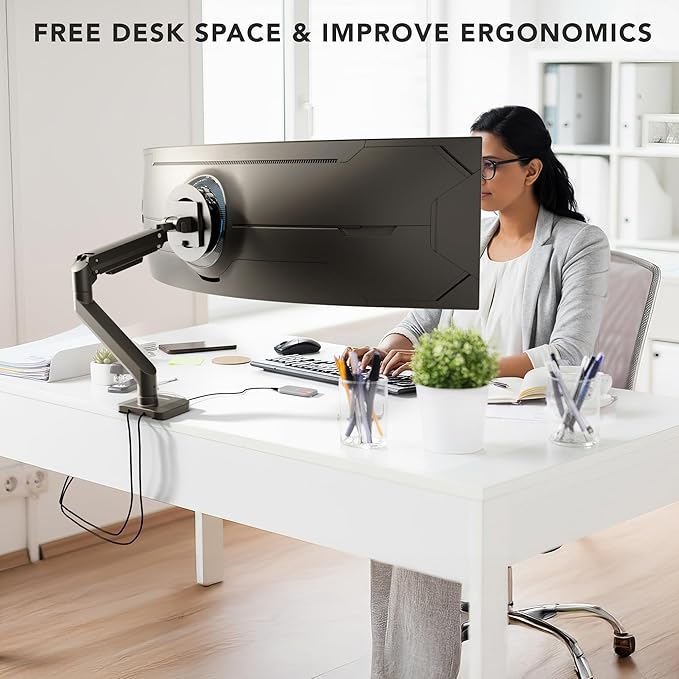Mount-It! Proflex Series Heavy-Duty Monitor Desk Mount, Fits 17–49” Ultrawide Screens, Full Motion Gas Spring Arm, 44 lbs Capacity, USB-C & USB 3.0 Ports, VESA 75/100, Clamp or Grommet Base